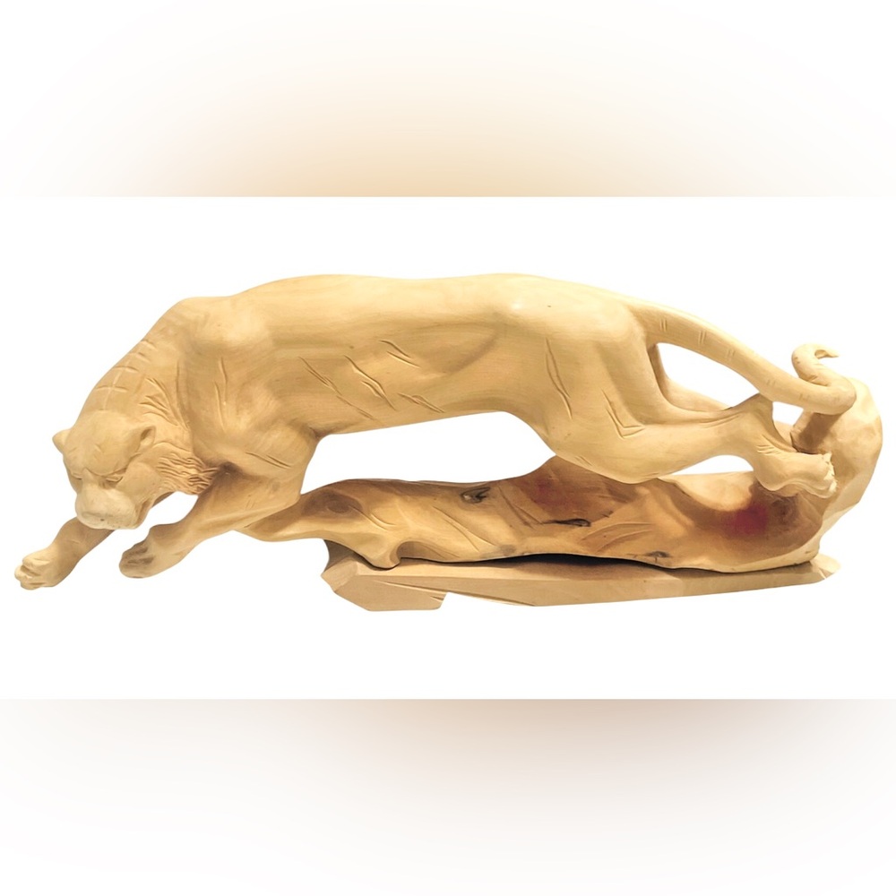 Solid Wood Big Cat Carving Sculpture